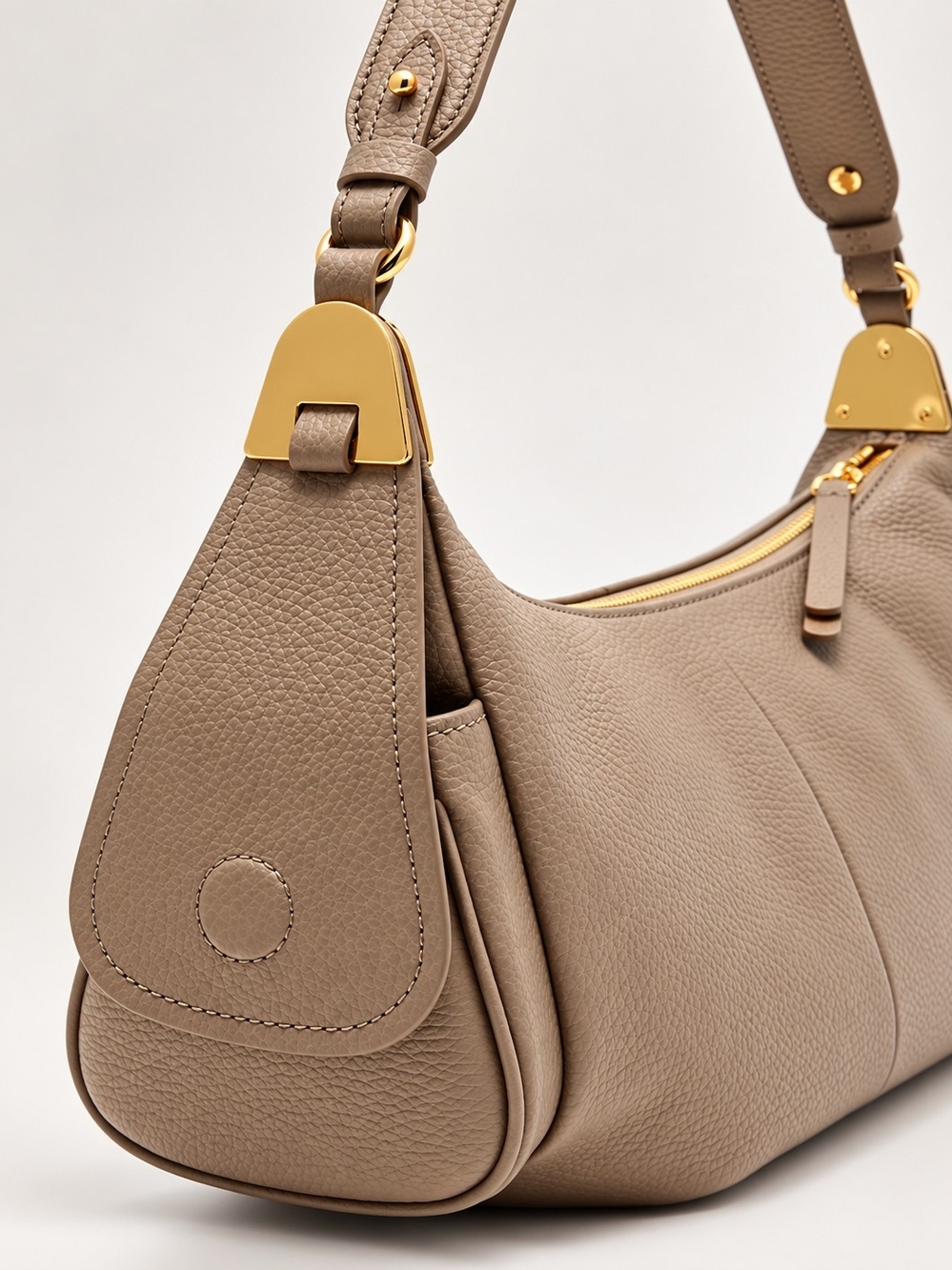 Taupe Pebbled Leather Shoulder Bag with Gold Accents